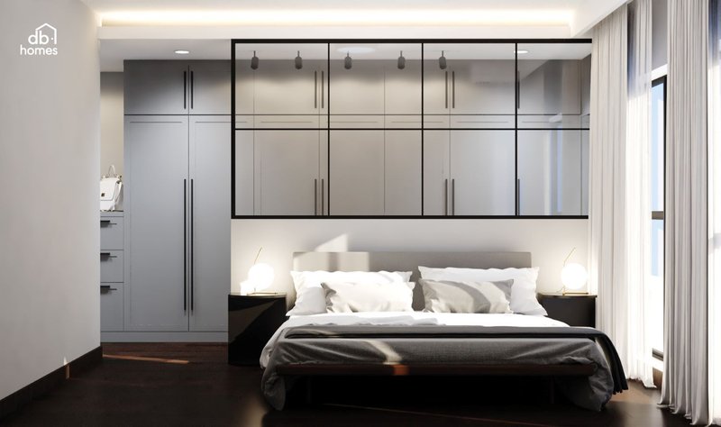 Phòng ngủ Master theo phong cách thiết kế nội thất tối giản mang đến không gian thư giãn với giường ngủ thiết kế đơn giản và tủ quần áo âm tường