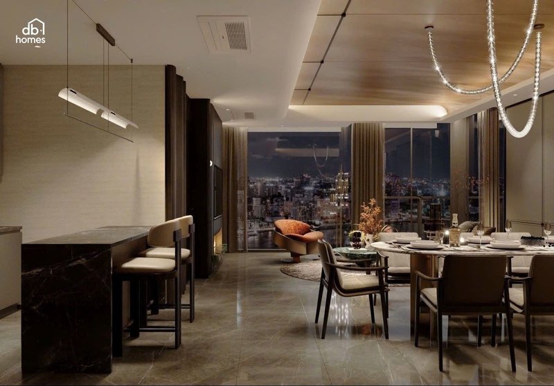 Thiết kế nội thất phòng bếp hiện đại theo phong cách Modern Luxury tập trung vào các đường nét tinh xảo, với từng chi tiết thể hiện sự tỉ mỉ và đẳng cấp