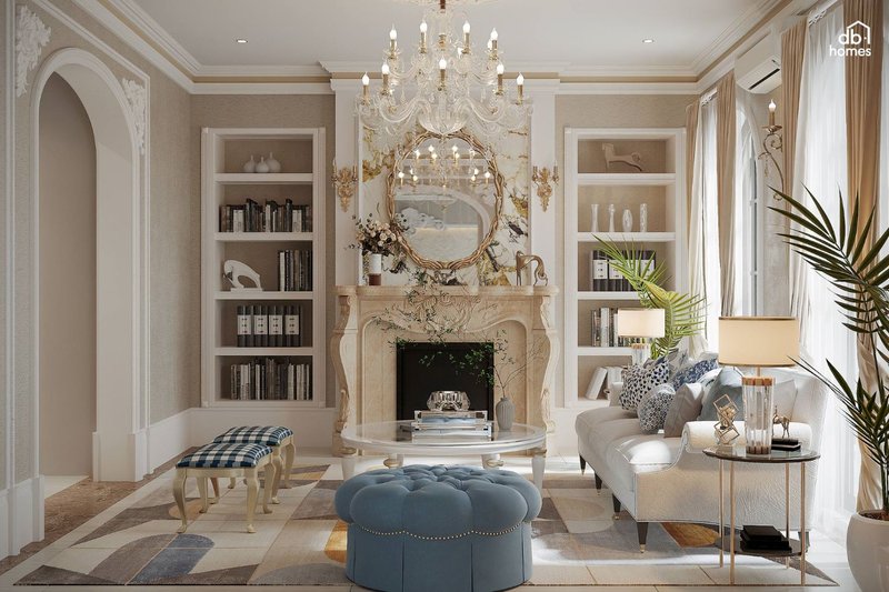 Tận dụng ánh sáng tự nhiên kết hợp cùng đèn chùm cổ điển tạo nên không gian vừa lộng lẫy, vừa ấm áp