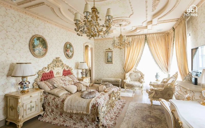 Phong cách nội thất Baroque nổi bật với sự xa hoa, quyền quý, các họa tiết chạm khắc cầu kỳ và chất liệu cao cấp, tạo không gian lộng lẫy và kiêu sa