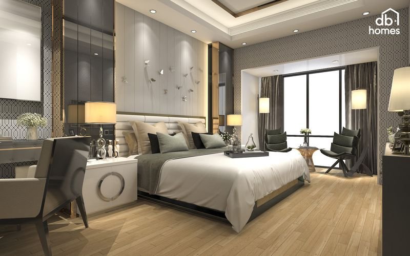 Sử dụng đèn trần LED kết hợp với đèn tường, đèn bàn giúp tạo không gian phòng ngủ sáng sủa và ấm áp