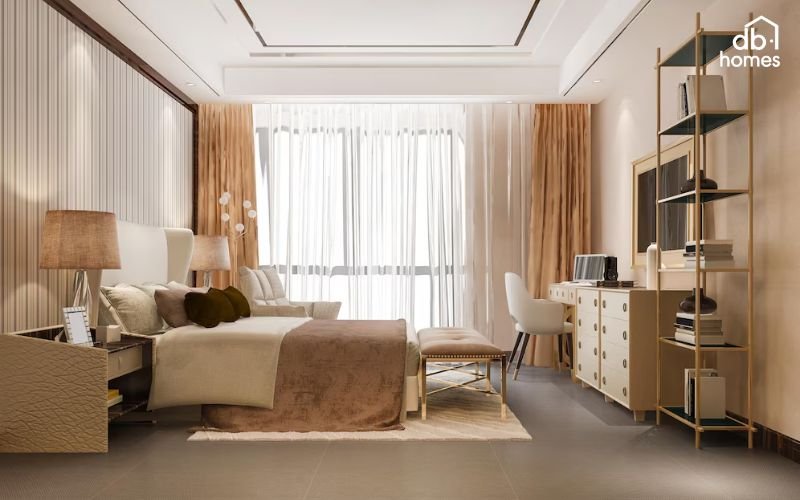 Rèm cửa mỏng nhẹ và màu sáng giúp điều tiết ánh sáng tự nhiên, tạo không gian sáng sủa và riêng tư cho phòng ngủ