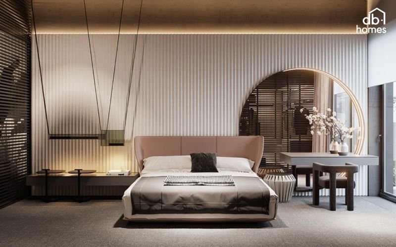 Gương đặt đúng vị trí giúp phản chiếu ánh sáng tự nhiên, mở rộng không gian và làm sáng phòng ngủ