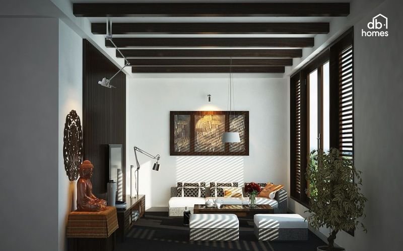 Nội thất Indochine: Gỗ, tre, đá cẩm thạch và mây đan bền vững.