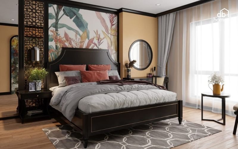 Vách ngăn nhẹ kết hợp hệ gương giúp không gian chung cư phong cách Indochine đặc biệt hơn