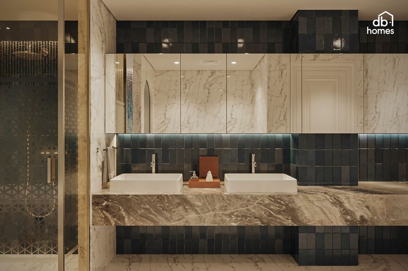 Thiết kế nội thất chung cư đẹp với đá marble cùng các vân đá độc đáo, mang lại vẻ đẹp sang trọng và tinh tế cho không gian phòng tắm