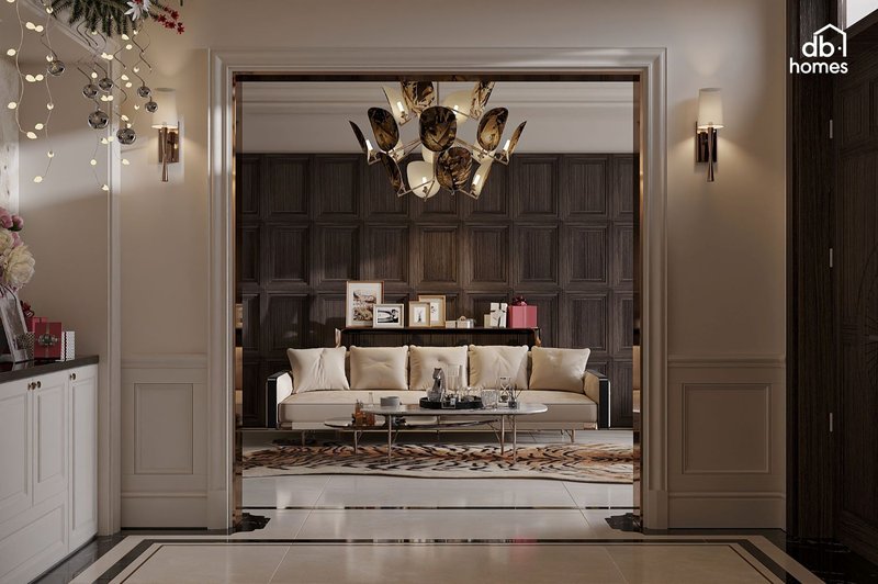 Đèn trang trí mạ đồng không chỉ tạo điểm nhấn mà còn tăng thêm sự đẳng cấp và tinh tế cho thiết kế nội thất phòng khách