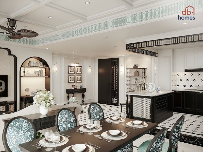 Thiết kế nội thất phòng bếp hiện đại theo phong cách Đông Dương sử dụng các chất liệu tự nhiên kết hợp với các họa tiết truyền thống và hoa văn tinh tế