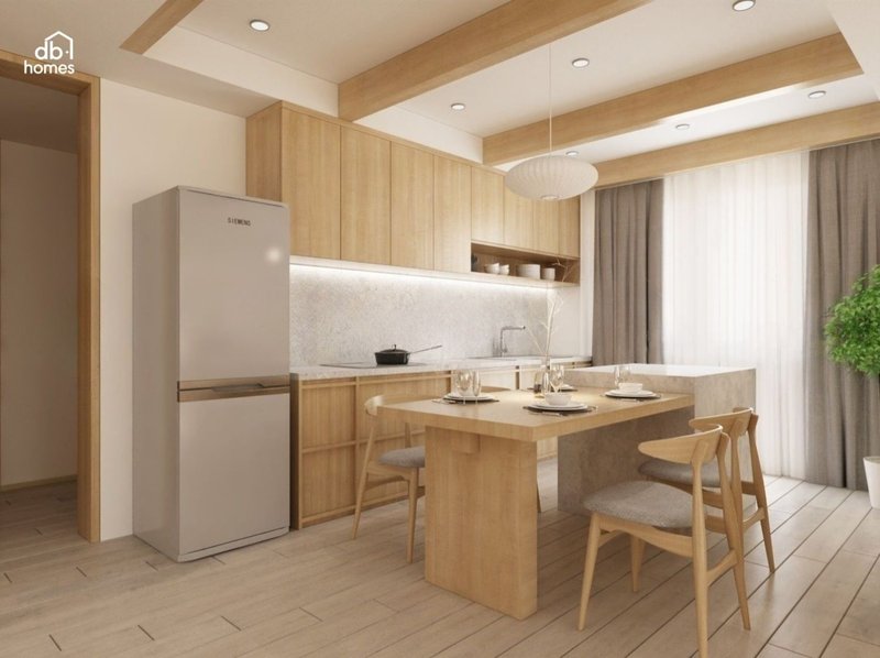 Thiết kế nội thất phòng bếp hiện đại theo phong cách Japandi là sự kết hợp giữa vẻ đẹp tối giản của Nhật Bản và nét ấm áp của phong cách Bắc Âu