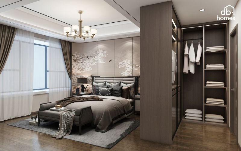 Phòng ngủ master có phòng thay đồ riêng giúp tối ưu không gian, tăng tiện nghi và tạo sự riêng tư hiện đại