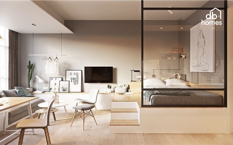 Có thể phân chia khu vực bằng vách lửng nhẹ, kệ sách mở, hoặc rèm vải treo trần, vừa đảm bảo sự riêng tư vừa giữ được sự thông thoáng