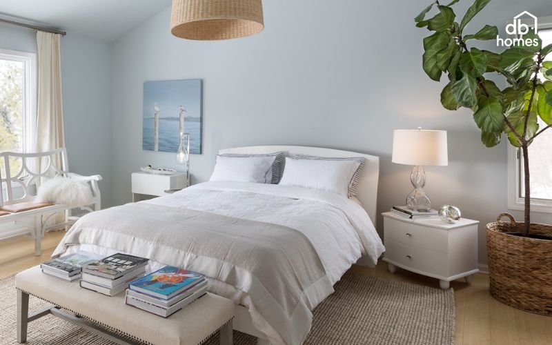 Kết hợp màu xanh nước biển với phong cách Scandinavian tạo nên không gian phòng ngủ nhẹ nhàng