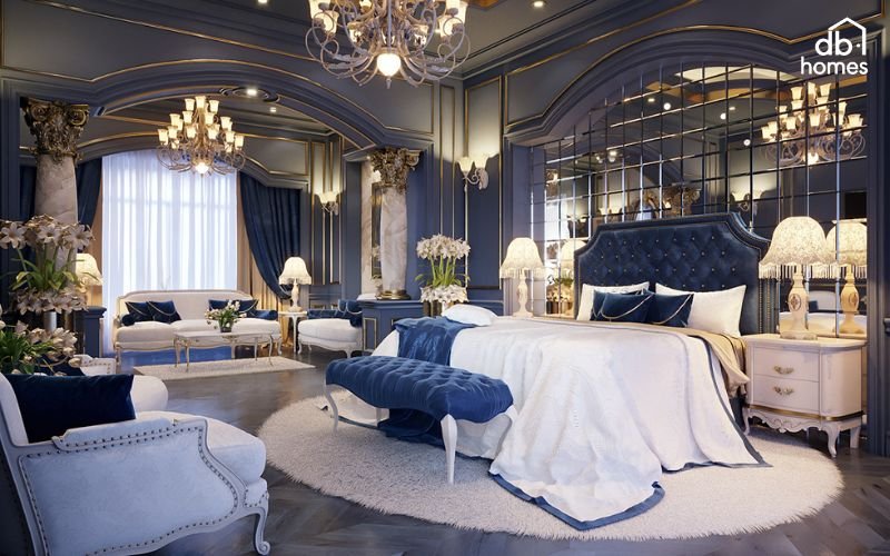 Phòng ngủ màu xanh navy mang đến sự sang trọng, cuốn hút và tạo điểm nhấn mạnh mẽ cho không gian
