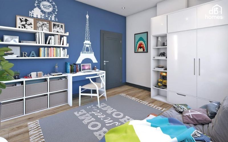 Phòng ngủ màu xanh lam mang đến không gian trẻ trung, năng động và tràn đầy sức sống