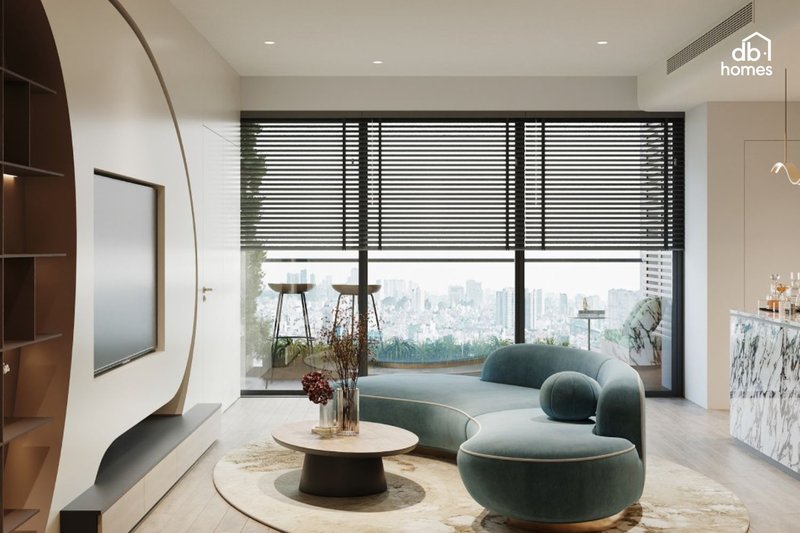 Thi công nội thất phòng khách dự án Đảo Kim Cương sử dụng cửa sổ lớn với chất liệu kính cường lực giúp mở rộng tầm nhìn và mang lại sự kết nối với không gian bên ngoài