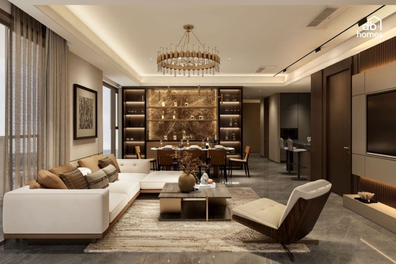 Thi công nội thất phòng khách không gian mở giúp tạo sự kết nối giữa phòng khách, bếp và phòng ăn