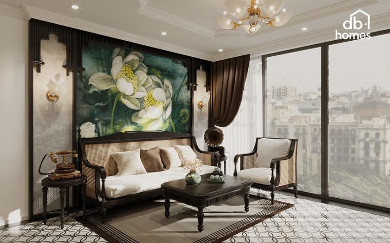 Không gian chung cư sử dụng gỗ tự nhiên, họa tiết chạm khắc, gạch bông, mây tre đan, kết hợp với gam màu vàng, nâu, trắng, xanh ngọc