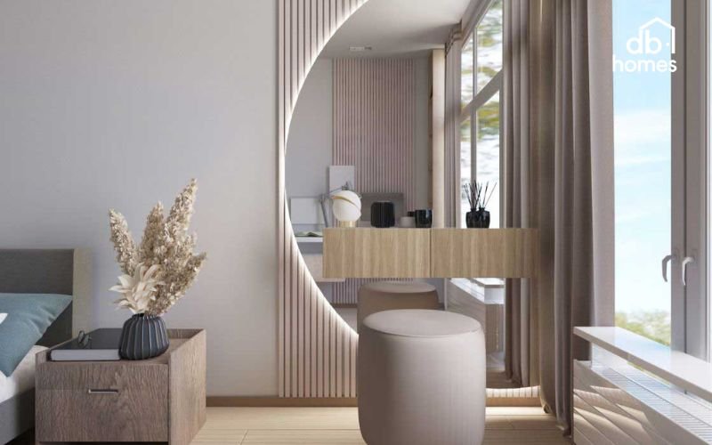 Gương lớn đối diện cửa sổ hoặc góc hẹp, ánh sáng được phản chiếu giúp căn phòng trông sáng và rộng rãi hơn