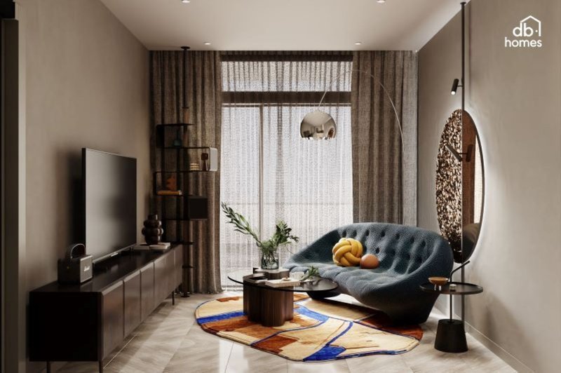 Phòng khách căn hộ studio với sofa hiện đại và không gian mở tối ưu diện tích