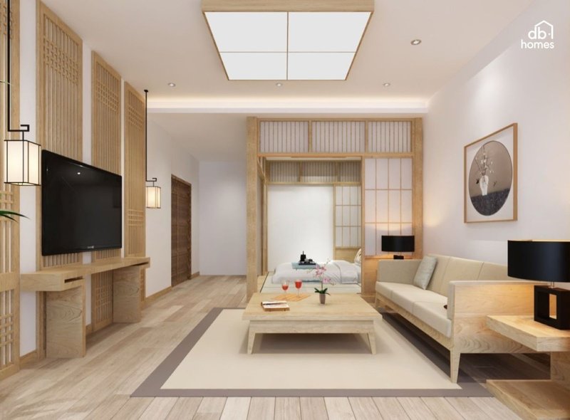 Phòng khách phong cách Japandi với nội thất gỗ tự nhiên, thiết kế mở và đường nét tối giản, tạo không gian sống hài hòa