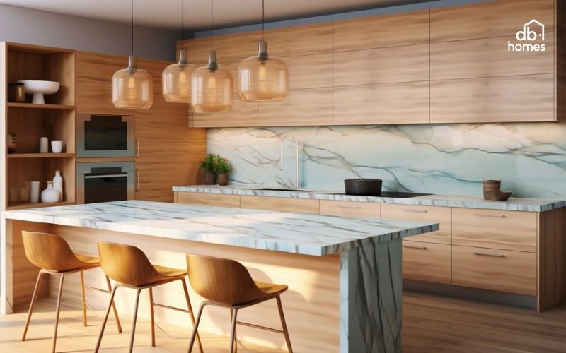 Nội thất gỗ kết hợp mặt bàn đá sáng màu, thiết kế chữ L hoặc I giúp tối ưu diện tích