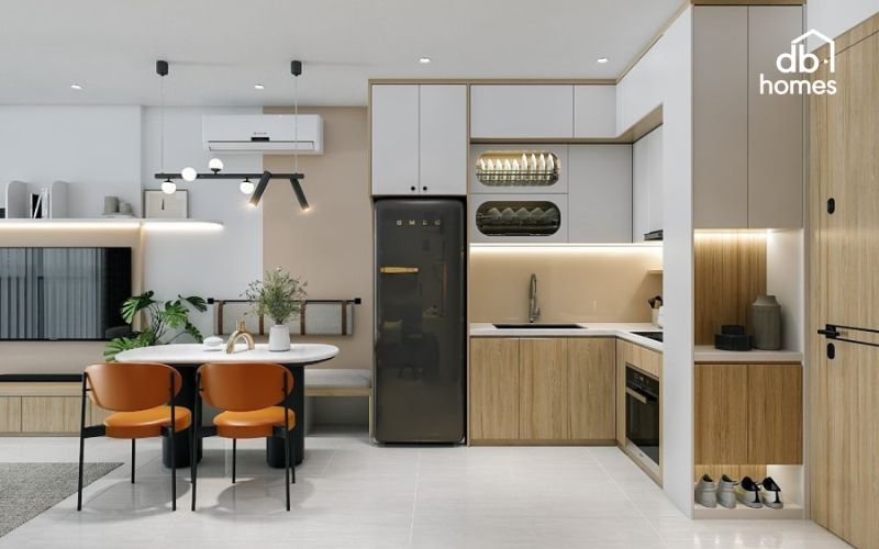 Mặt bàn bếp nên sử dụng đá granite hoặc đá nhân tạo, có độ bền cao, chịu nhiệt và dễ vệ sinh