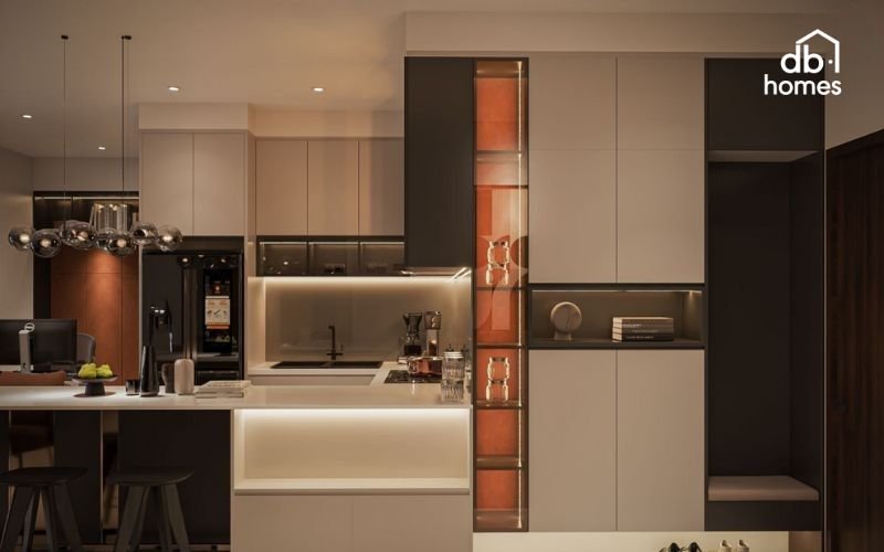 Sự kết hợp giữa màu sắc, nội thất và cách bố trí nội thất giúp mẫu không gian phòng bếp hiện đại cho căn chung cư trở nên sang trọng hơn