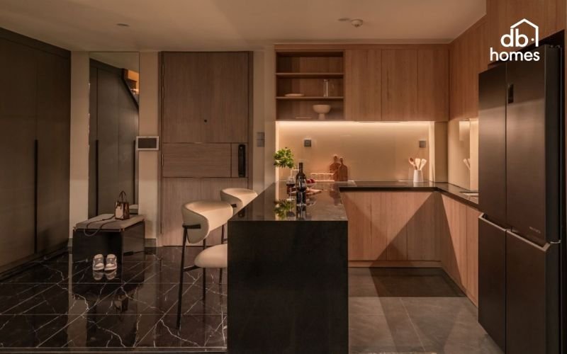 Tủ bếp hiện đại ngoài chức năng lưu trữ còn được tích hợp nhiều tính năng thông minh