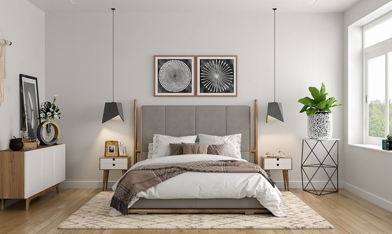 Không gian phòng ngủ phong cách Bắc Âu thường được tối giản, chỉ giữ lại các món cần thiết như giường, tủ nhỏ và đèn ngủ