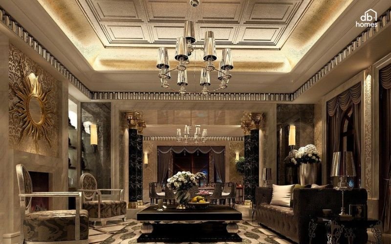 Phòng khách được thiết kế theo phong cách tân cổ điển, kết hợp tinh tế giữa đường nét cổ điển sang trọng và sự tối giản hiện đại