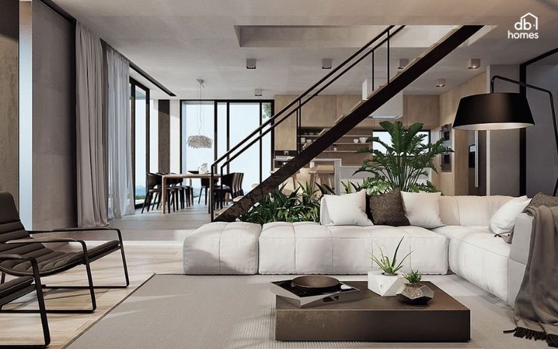 Phòng khách nhà ống thường được thiết kế liên kết với khu vực bếp và cầu thang để tạo sự thông thoáng