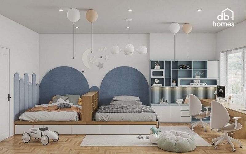 Sử dụng bàn học đôi giúp hai bé có không gian học tập riêng nhưng vẫn có thể trao đổi, tương tác với nhau