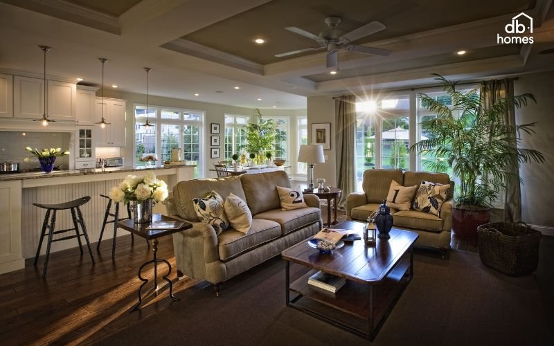 Thiết kế nội thất tiết kiệm không gian giữa phòng khách và nhà bếp