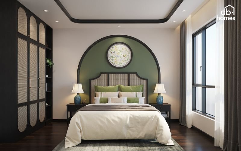 Phòng ngủ master phong cách Indochine mang đến vẻ đẹp giao thoa giữa truyền thống Á Đông và sự sang trọng hiện đại