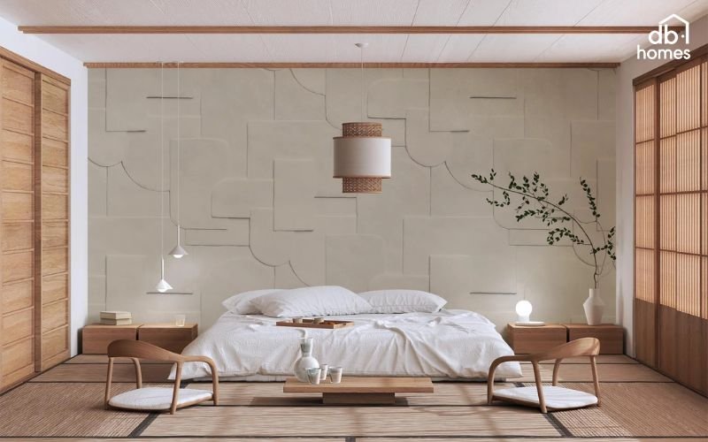 Phòng ngủ master phong cách Japandi kết hợp sự tối giản Nhật Bản với nét ấm áp Bắc Âu, tạo nên không gian hài hòa và thư giãn