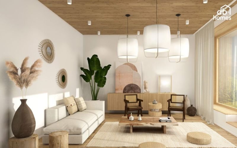 Cây xanh tươi mát mang đến điểm nhấn tinh tế cho không gian phong cách Japandi hài hòa