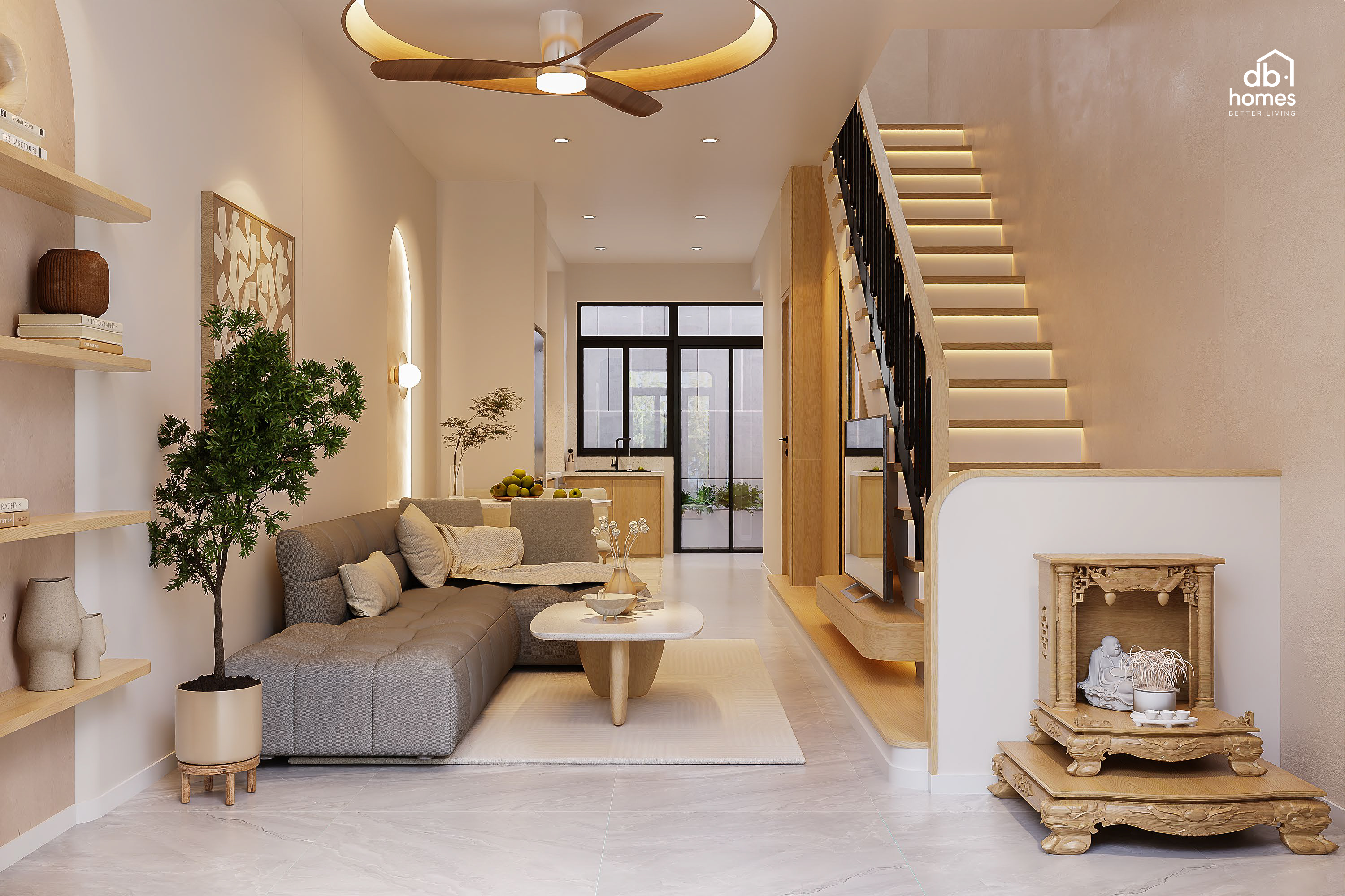 Phòng khách mang đậm chất Wabi Sabi nhưng không kém phần hiện đại