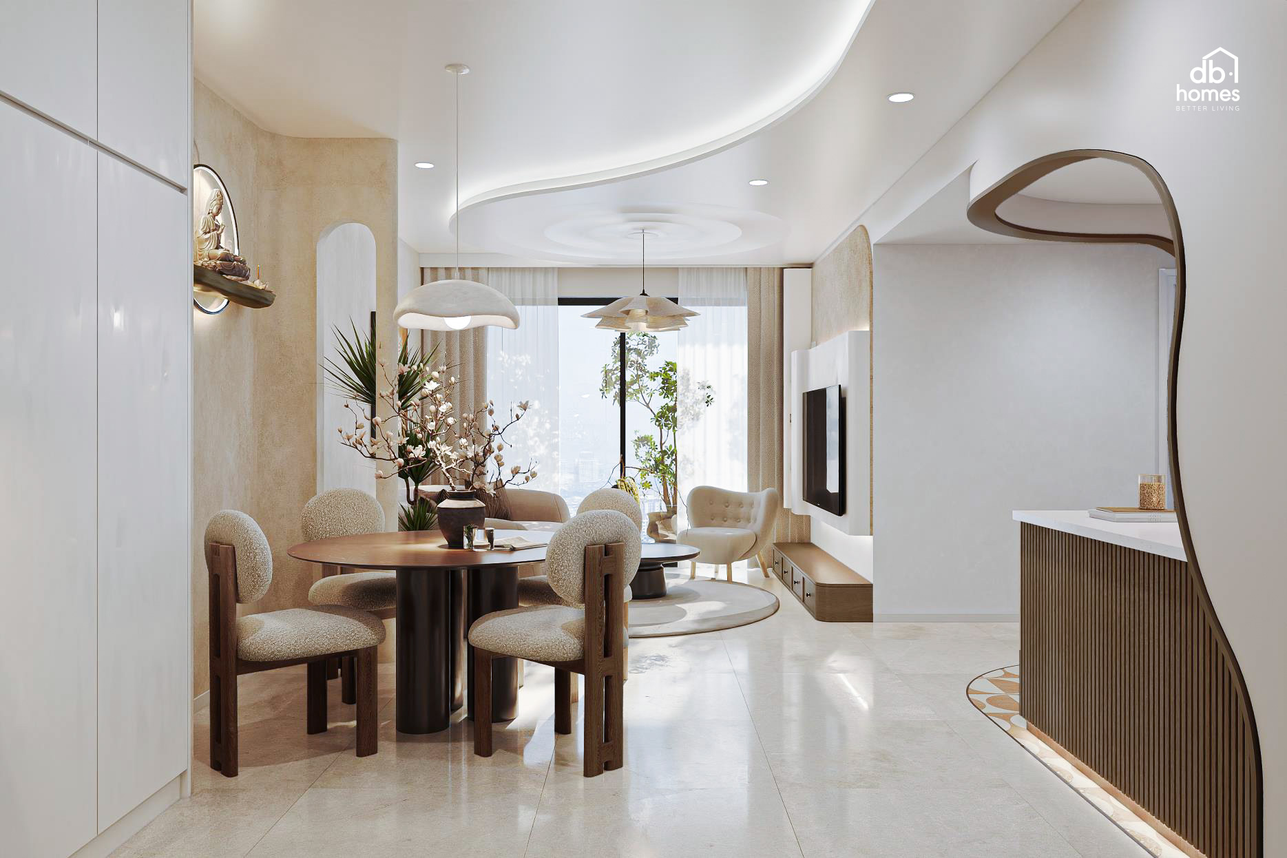 Phòng khách phong cách Japandi với bảng màu beige-cream