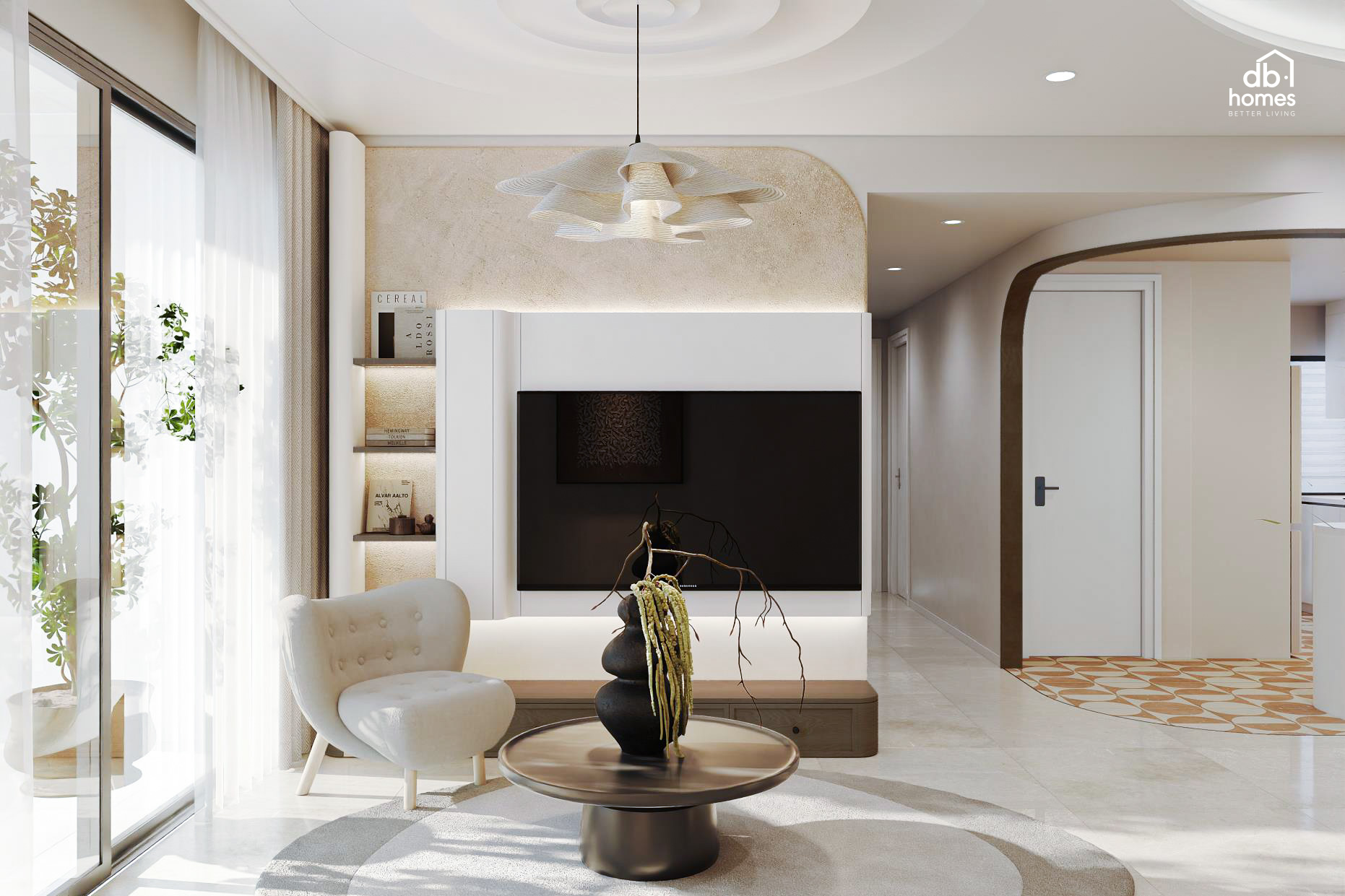 Phòng khách phong cách Japandi với bảng màu beige-cream