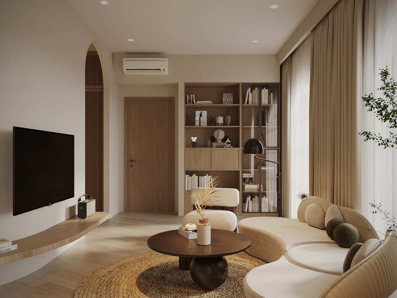 Tổng thể căn villa mang âm hưởng bình yên, nhẹ nhàng, phối hợp giữa cái cũ và cái mới. Bảng màu và đường nét nội thất oval tương tác nhịp nhàng với nhau nhằm mang lại cảm giác hài hoà và tinh gọn cho mái ấm.